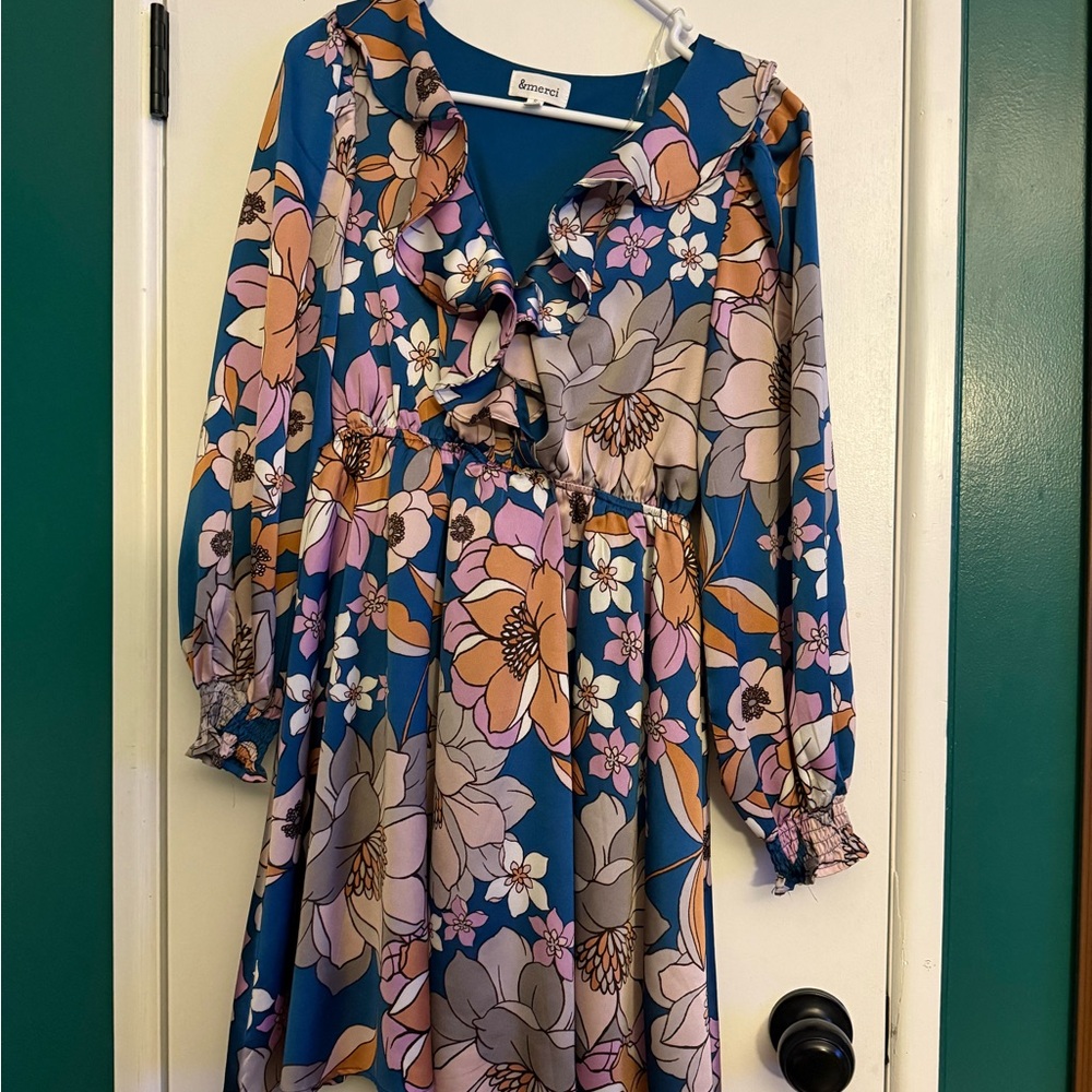 Amaryllis Floral Casual Dress in Blue and Pink